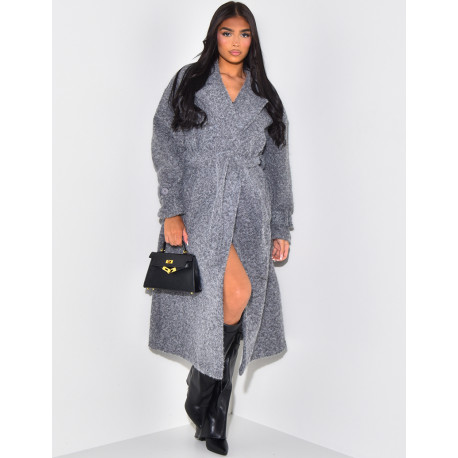 Oversized coat in mottled wool with tie