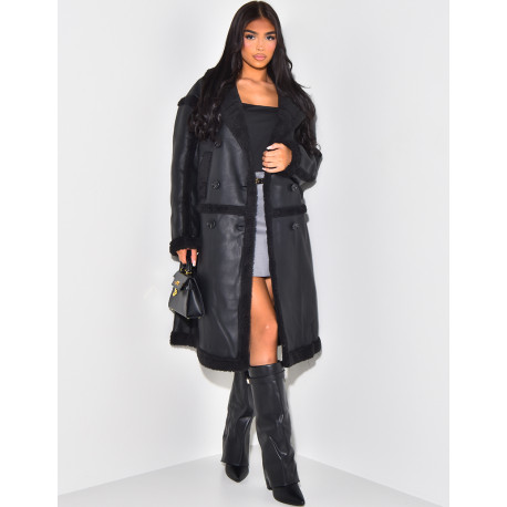 Faux leather coat with faux fur lining