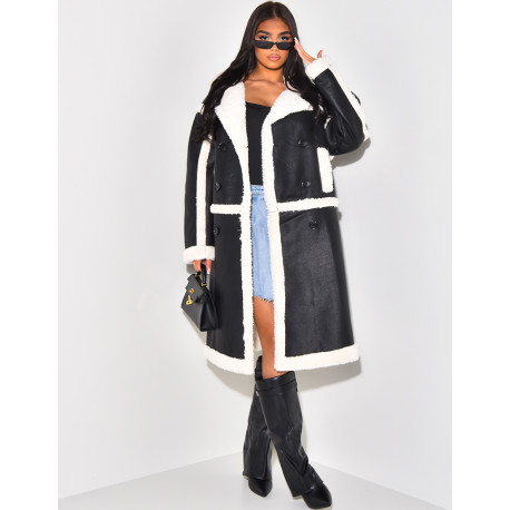 Faux leather coat with faux fur lining