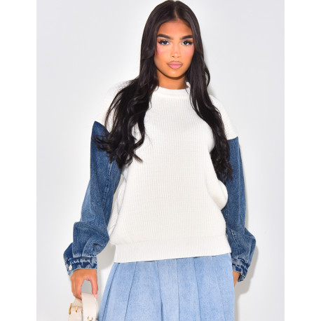 Loose-fitting wool jumper with denim sleeves