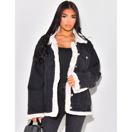 Oversized jacket in reversible denim with fur