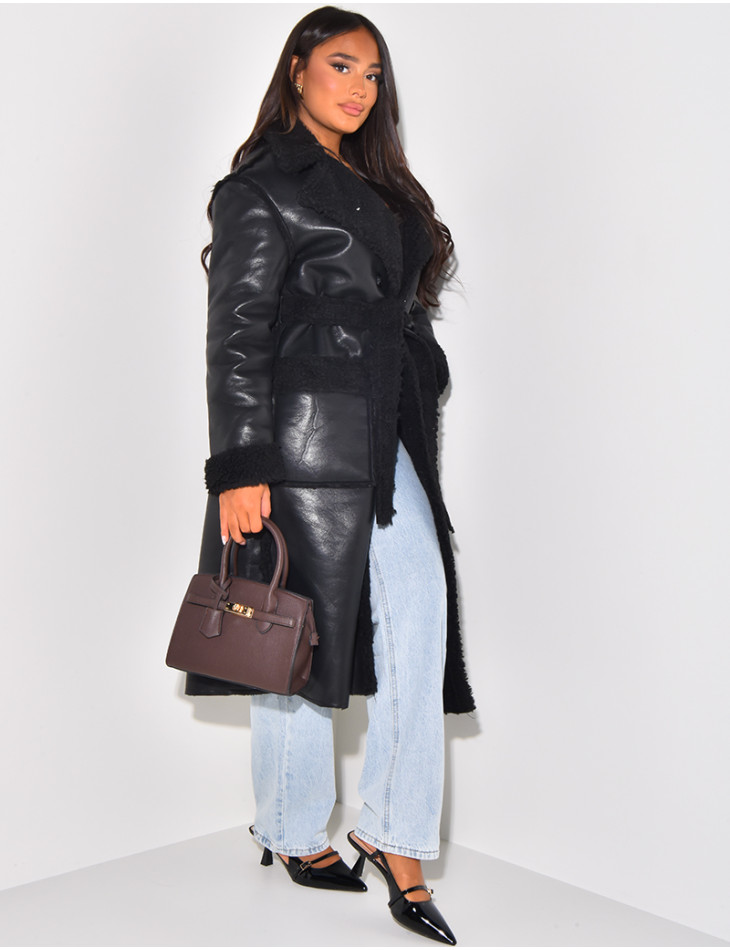 Faux Leather Coat with Faux Fur