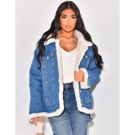 Oversized jacket in reversible denim with fur