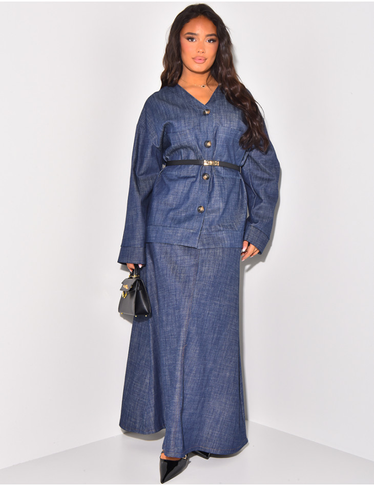 Long flared skirt and oversized jeans shirt set