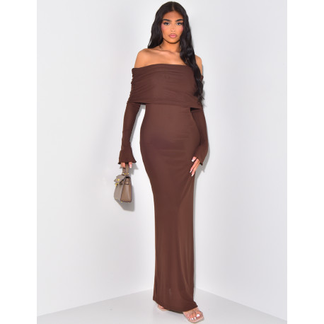 Long dress in lined voile with pleated bardot collar