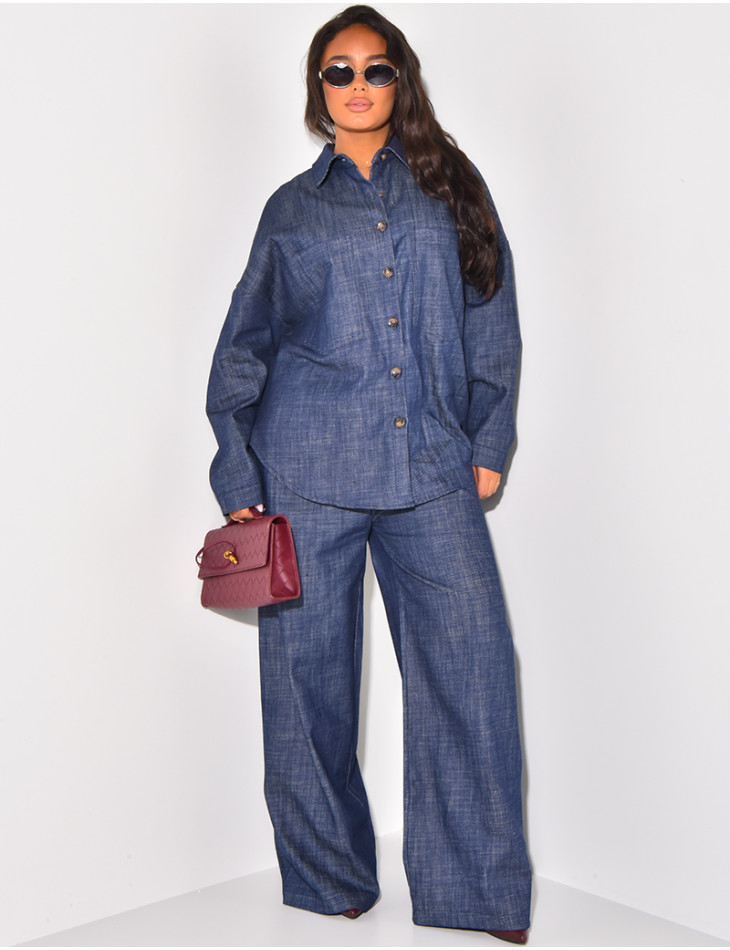 Straight-leg trousers and oversized jeans shirt