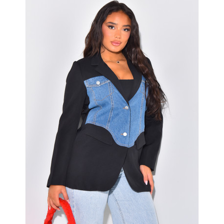 Oversized blazer with corset-effect denim yoke