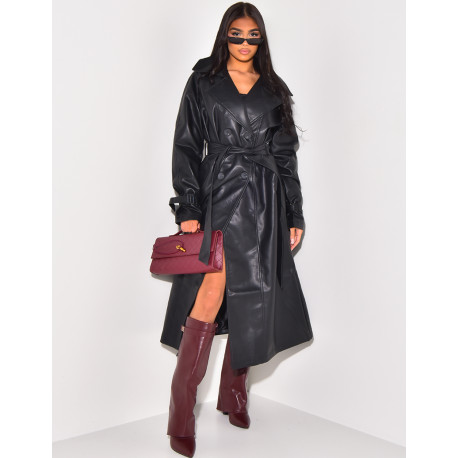 Very long trench coat in imitation leather with tie fastening