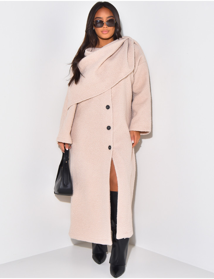 Long coat in curly wool with scarf-effect collar