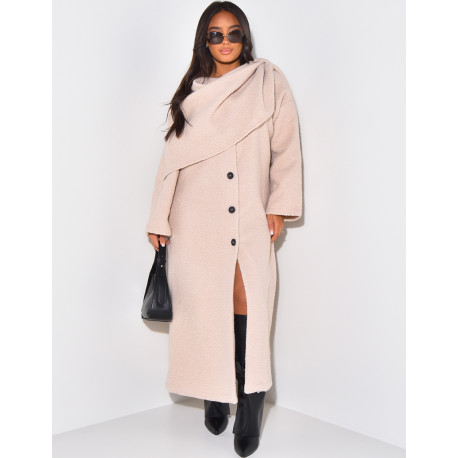 Long coat in curly wool with scarf-effect collar