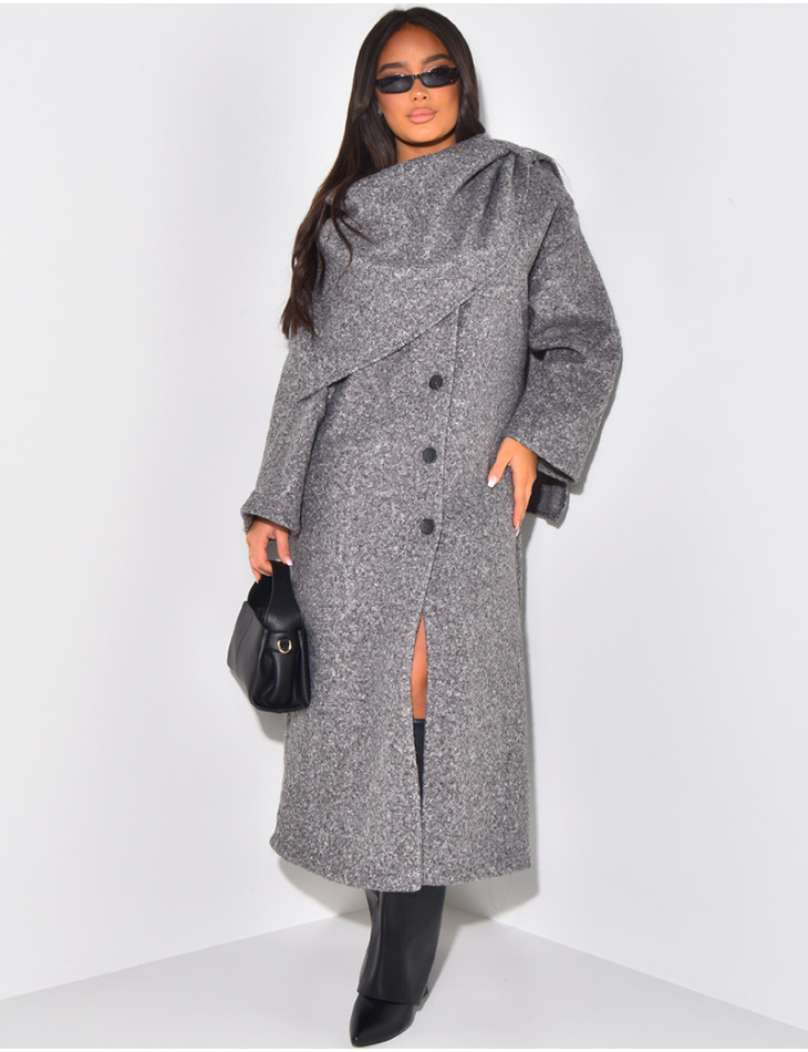 Long coat in curly wool with scarf-effect collar