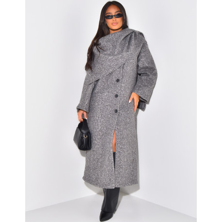 Long coat in curly wool with scarf-effect collar