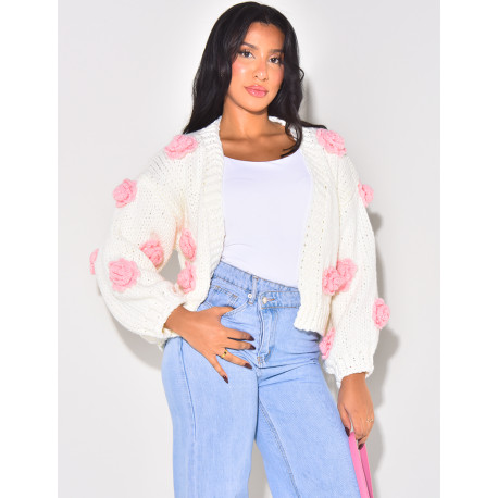 Oversized wool cardigan with embossed flowers