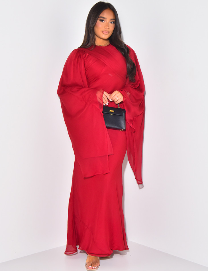 Double-layered voile maxi dress with flared collar and sleeves