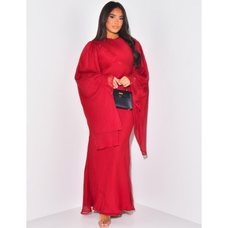 Double-layered voile maxi dress with flared collar and sleeves