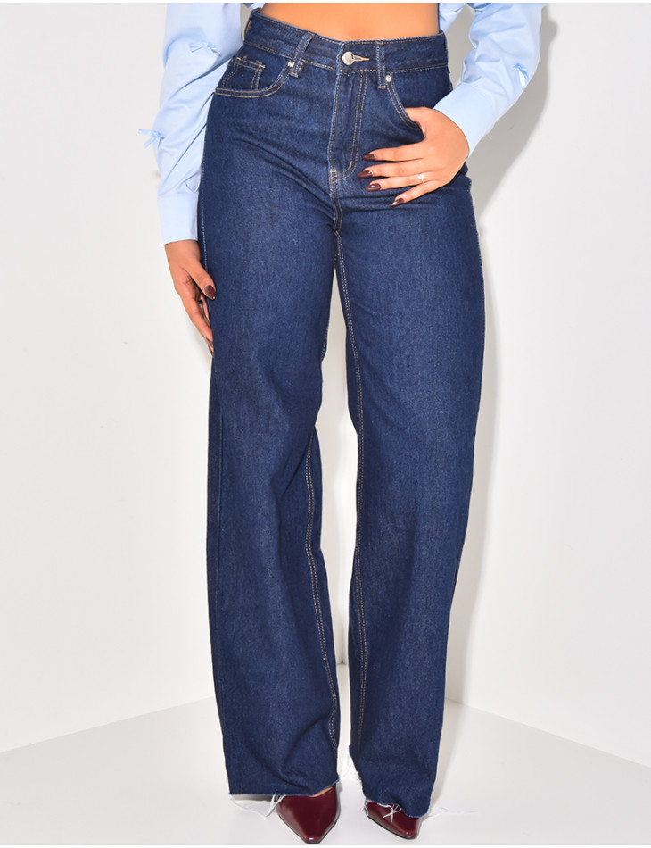 High-waisted raw blue straight-leg jeans