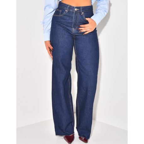 High-waisted raw blue straight-leg jeans