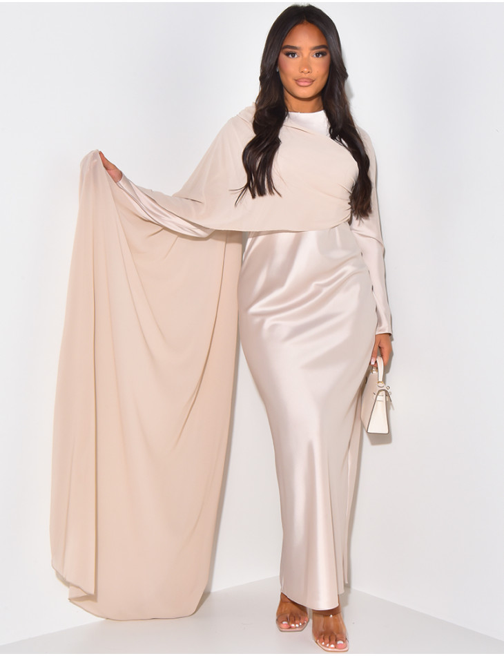 Satin maxi dress with veil on sleeve