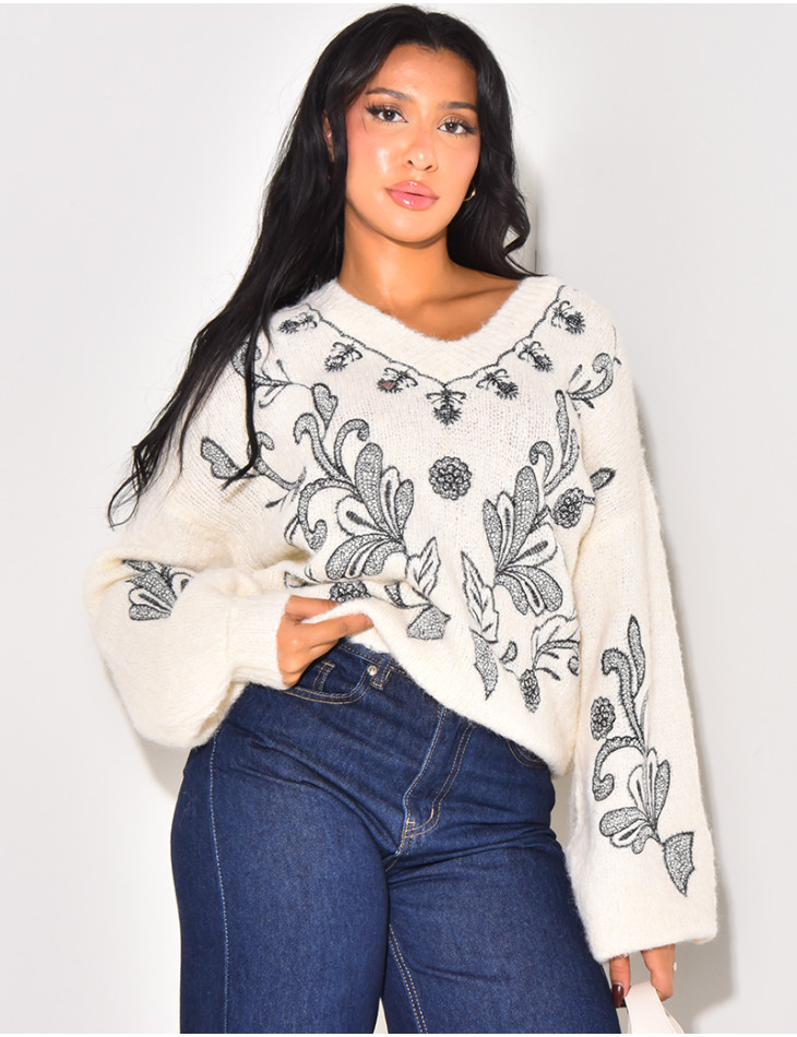 Pull tout doux en laine brodé