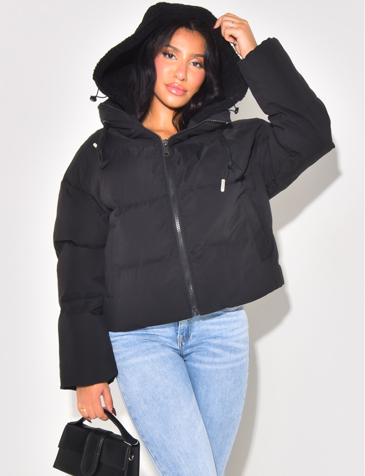 Short quilted down jacket with removable sheepskin hood