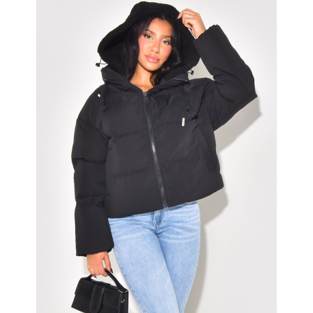 Short quilted down jacket with removable sheepskin hood