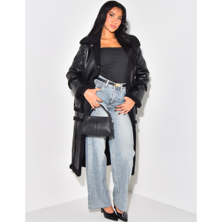 Faux leather coat with sheepskin trim