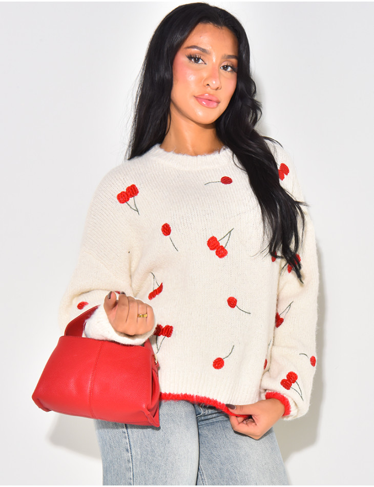 Loose-fitting wool jumper with cherry design