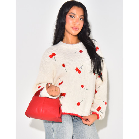 Loose-fitting wool jumper with cherry design