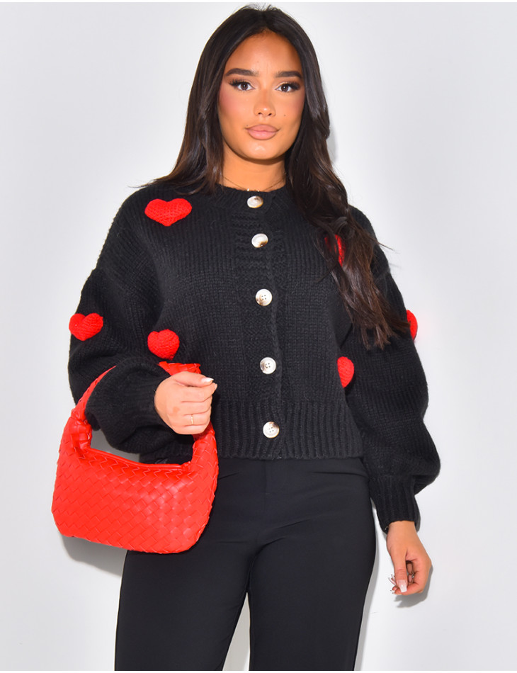 Wool cardigan with embossed hearts