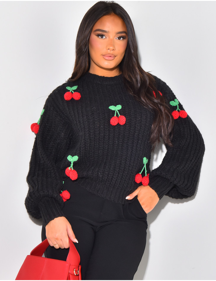 Loose-fitting jumper with embossed cherries