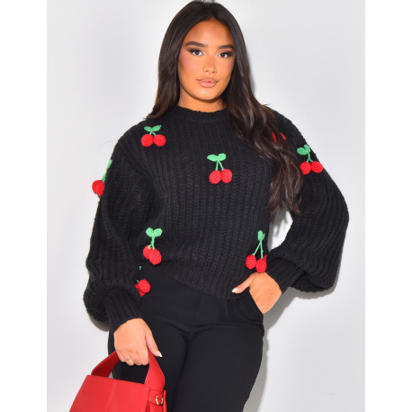 Loose-fitting jumper with embossed cherries