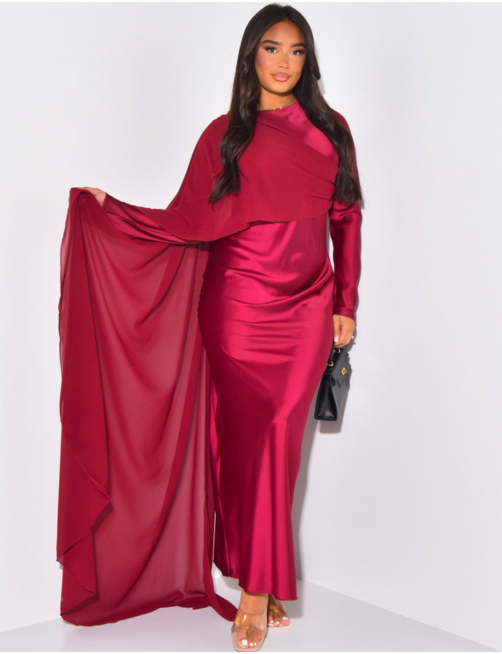 Satin maxi dress with veil on sleeve