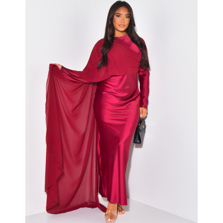 Satin maxi dress with veil on sleeve