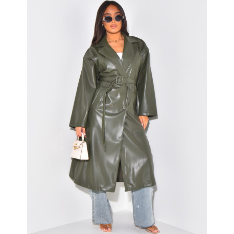 Long faux leather trench coat