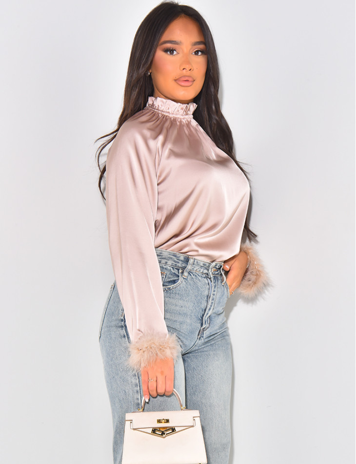 Satin top with feathers on sleeves