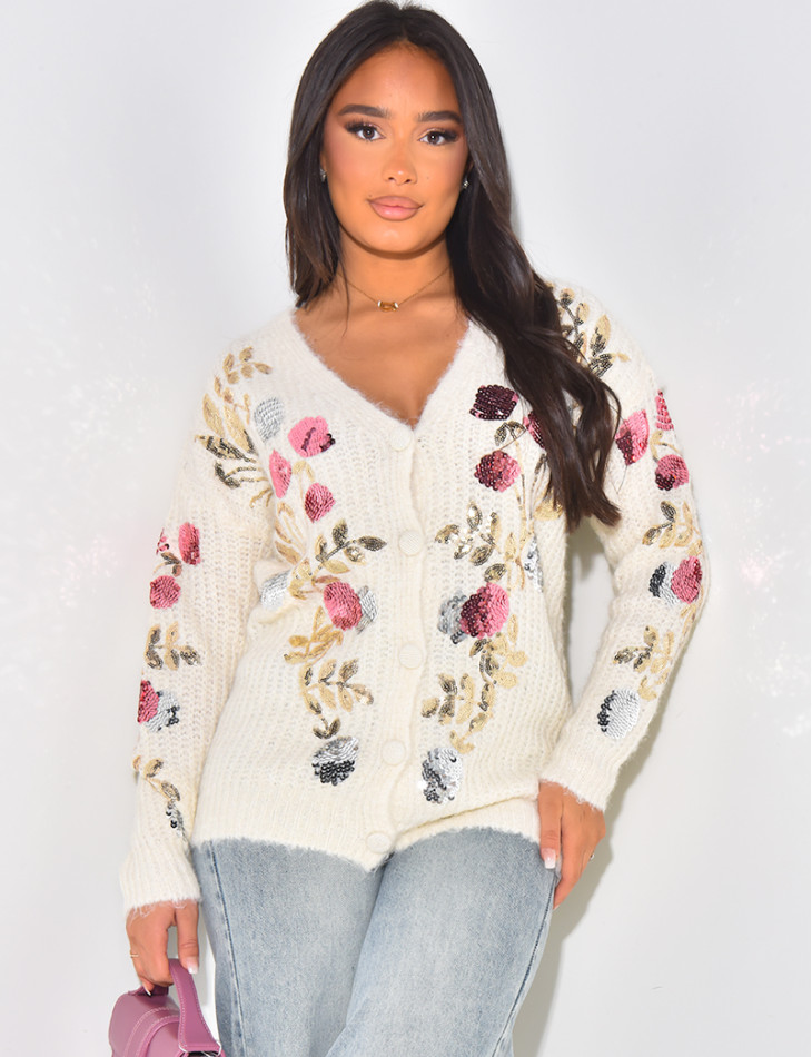 Wool cardigan embroidered with sequins