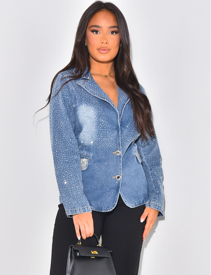 Washed jeans blazer with rhinestones