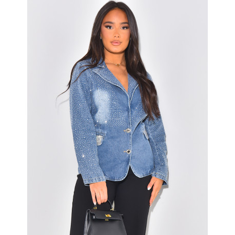 Washed jeans blazer with rhinestones