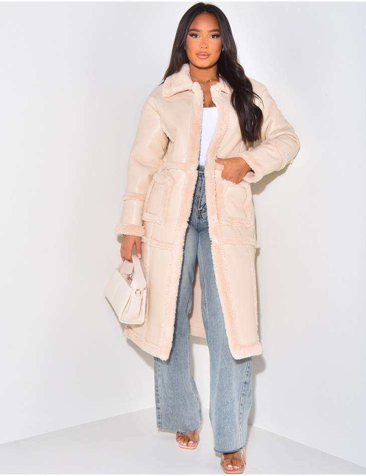 Faux leather coat with sheepskin trim