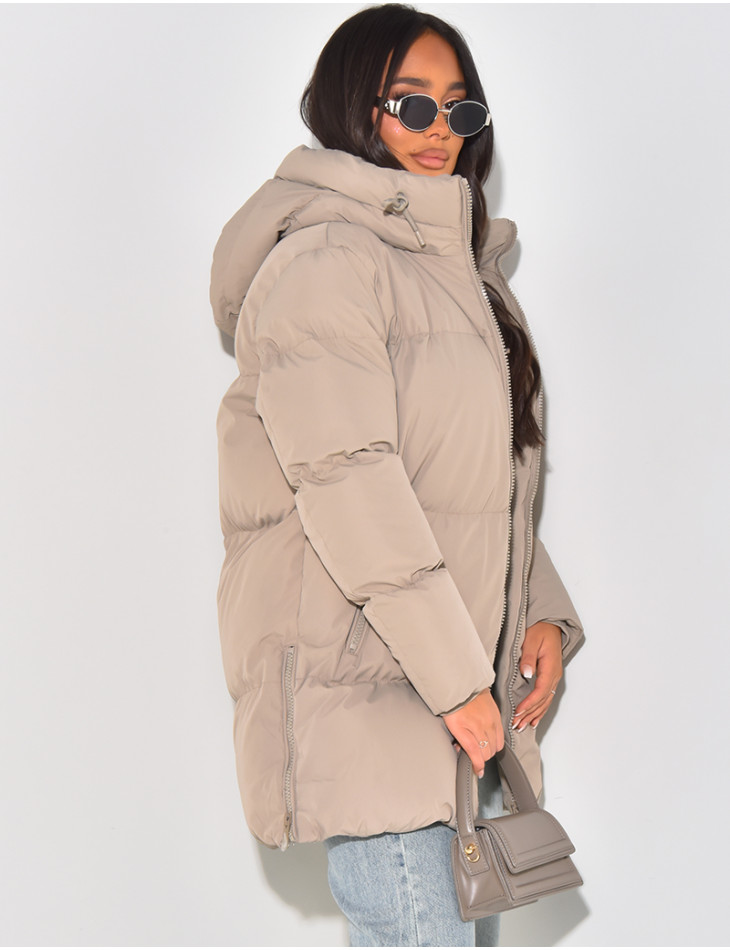 Quilted, hooded, mid-length down jacket