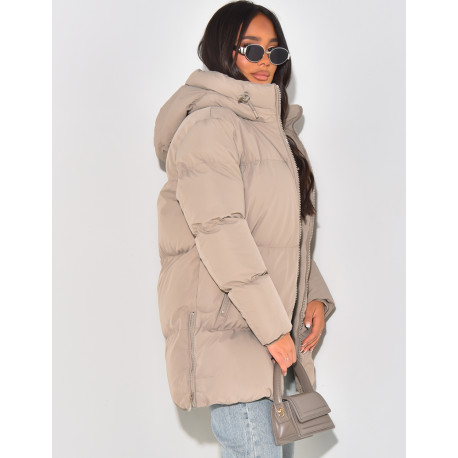 Quilted, hooded, mid-length down jacket