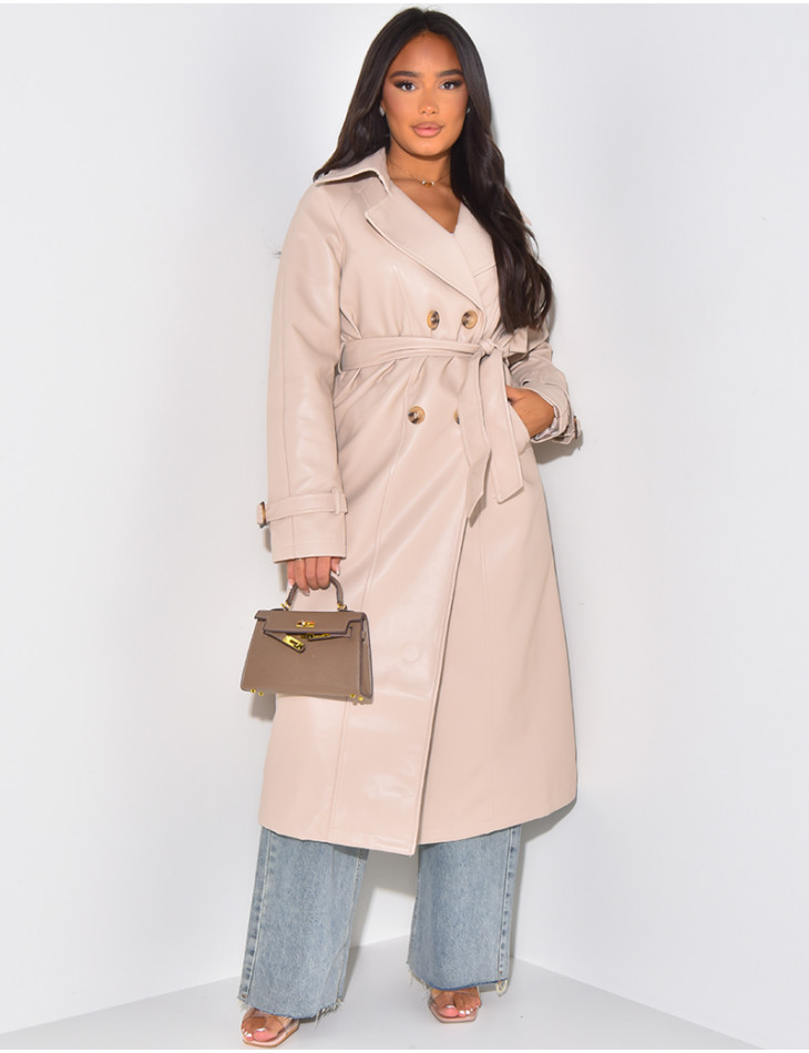 Very long trench coat in imitation leather with tie fastening