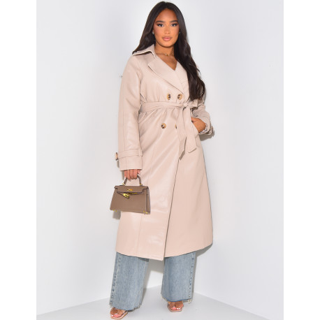 Very long trench coat in imitation leather with tie fastening