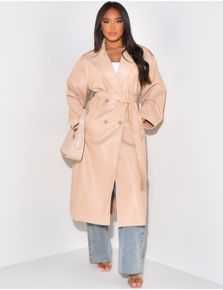 Long faux leather trench coat