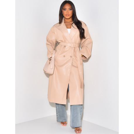 Long faux leather trench coat