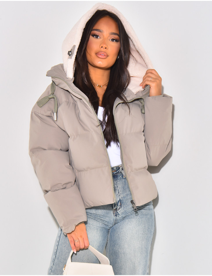 Short quilted down jacket with removable sheepskin hood