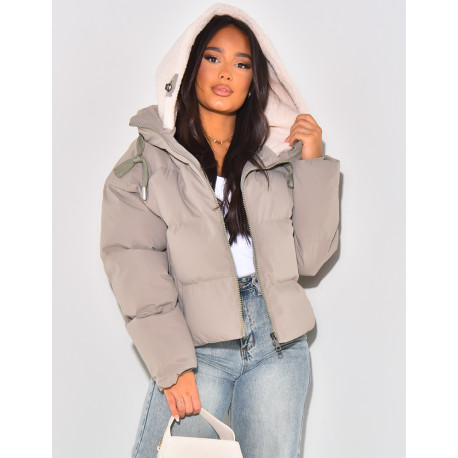 Short quilted down jacket with removable sheepskin hood