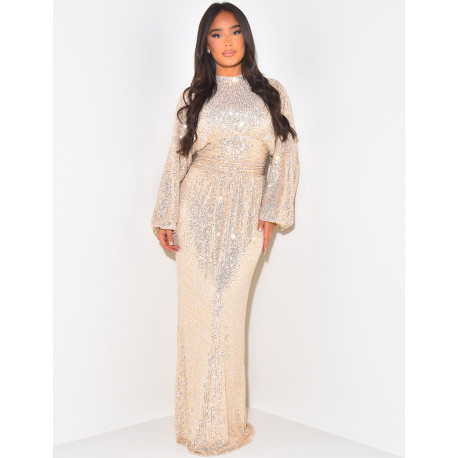 Robe longue col montant en sequins