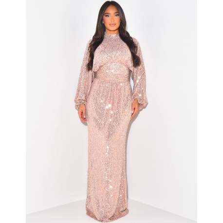 Robe longue col montant en sequins