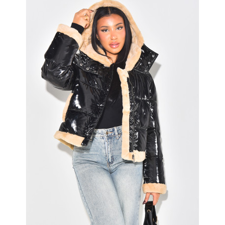 Short hooded padded vinyl jacket